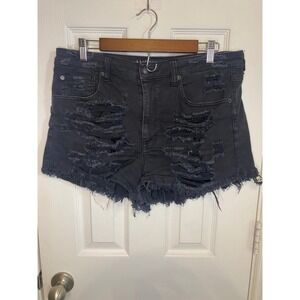 American Eagle Women's Denim Shorts 14 Vintage Hi-Rise Festival Black Distressed